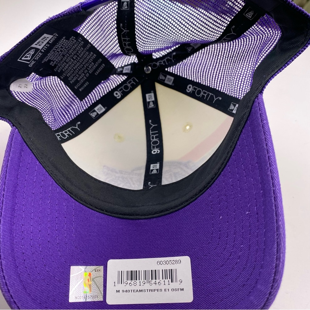 Men’s Los Angeles Lakers New Era Stripes 9FORTY Trucker Snapback Hat Purple OS - Picture 10 of 11